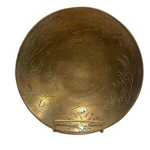 Vintage Asian Solid Brass Etched Dragon Chasing Pearl of Wisdom Decorative Bowl